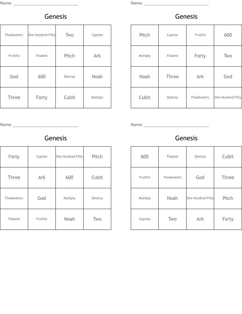 Genesis Bingo Cards