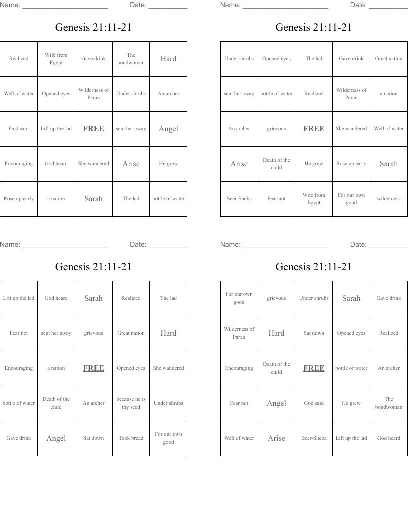 Genesis 21:11-21 Bingo Cards