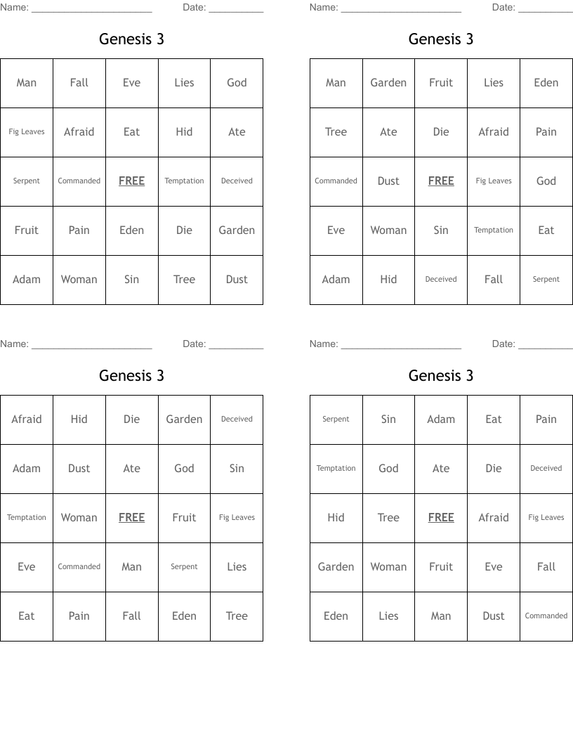 Genesis 3 Bingo Cards