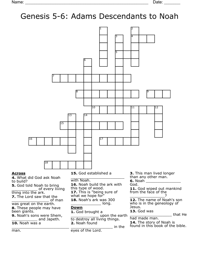 Genesis 5-6: Adams Descendants to Noah Crossword