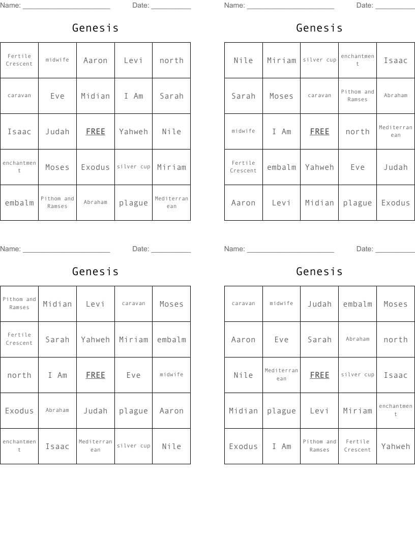 Genesis Bingo Cards
