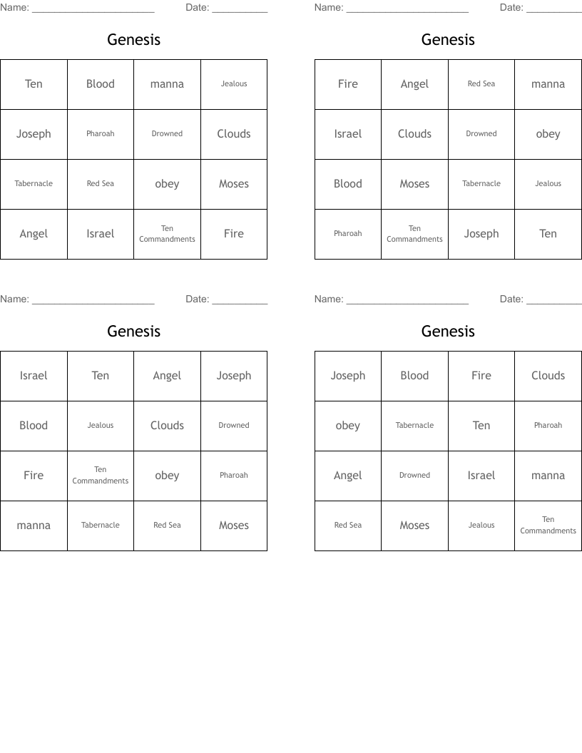 Genesis  Bingo Cards