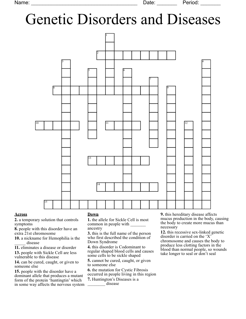 Genetic Disorders and Diseases Crossword