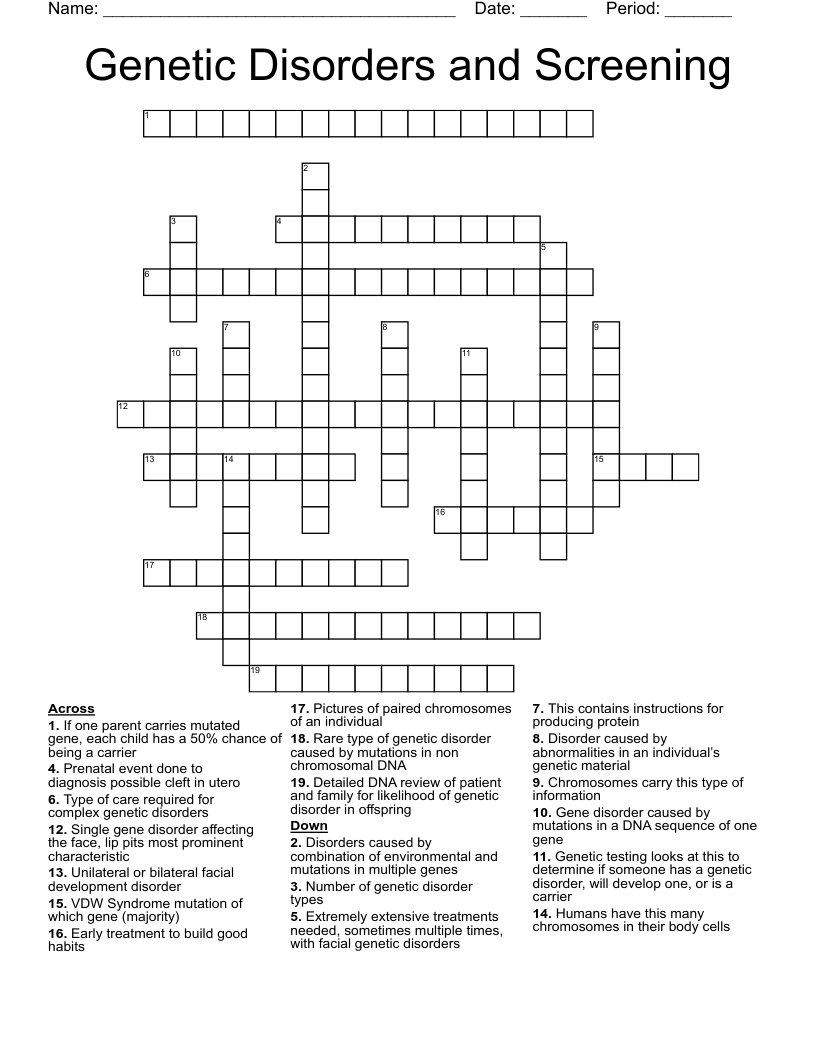 Genetic Disorders and Screening Crossword