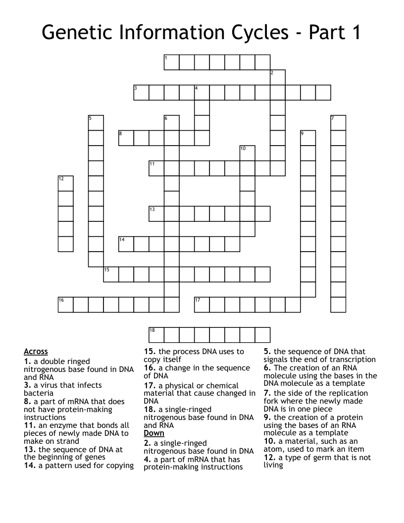 Genetic Information Cycles - Part 1 Crossword