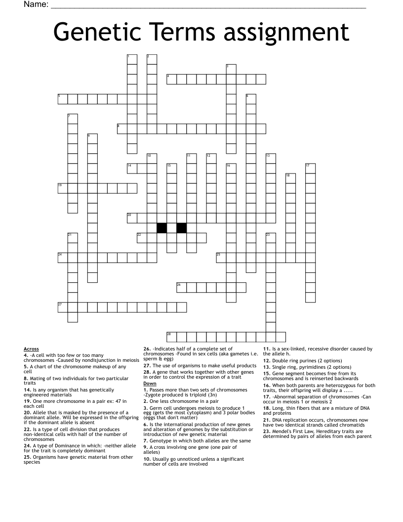 Genetic Terms assignment Crossword