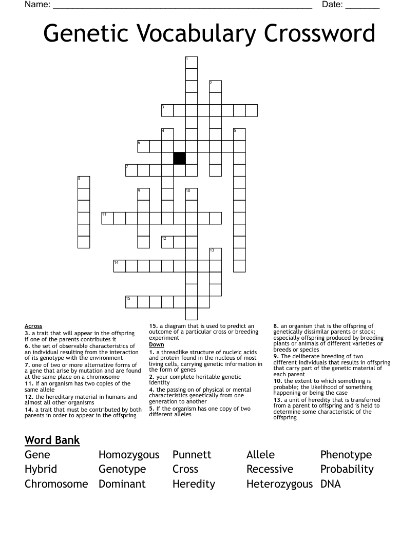 Genetic Vocabulary Crossword