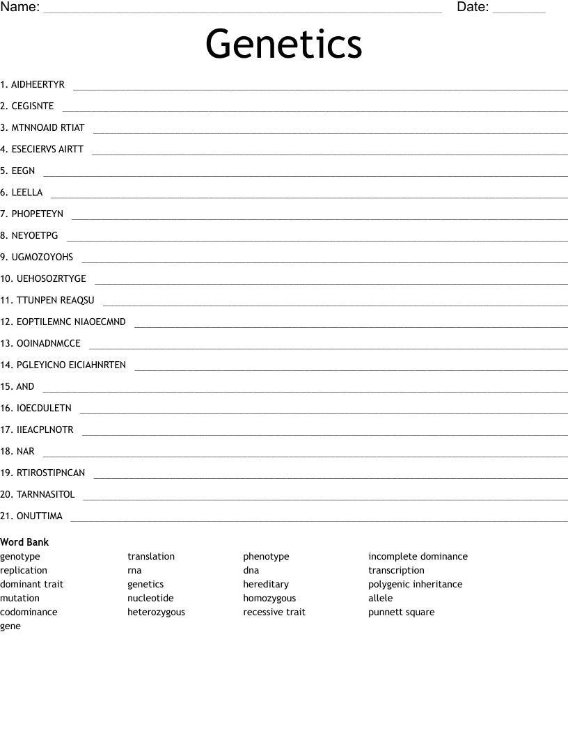 Genetics Word Scramble