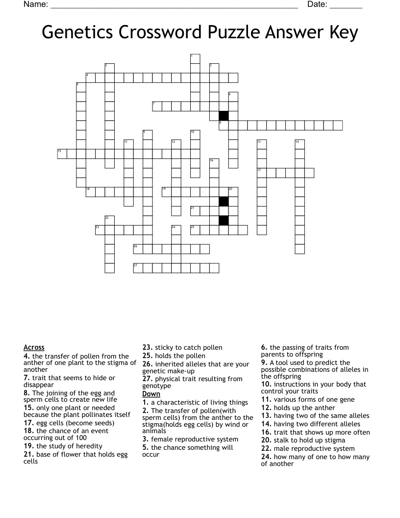 Genetics Crossword Puzzle Answer Key