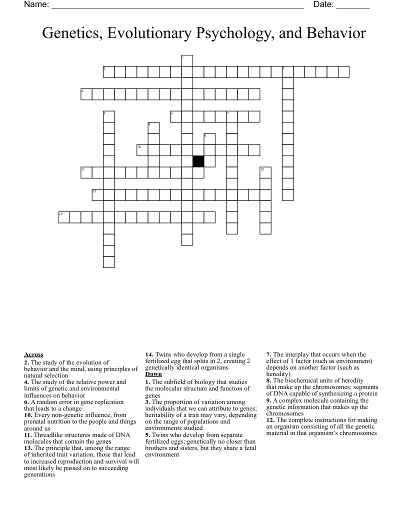 Genetics, Evolutionary Psychology, and Behavior Crossword