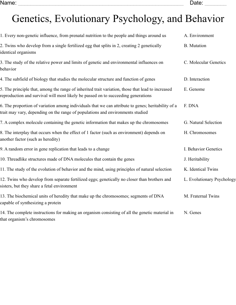 Genetics, Evolutionary Psychology, and Behavior Worksheet