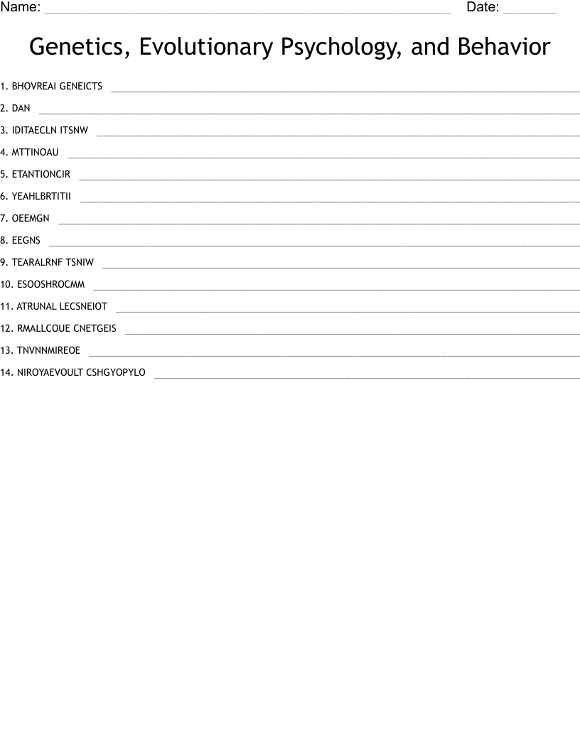 Genetics, Evolutionary Psychology, and Behavior Word Scramble