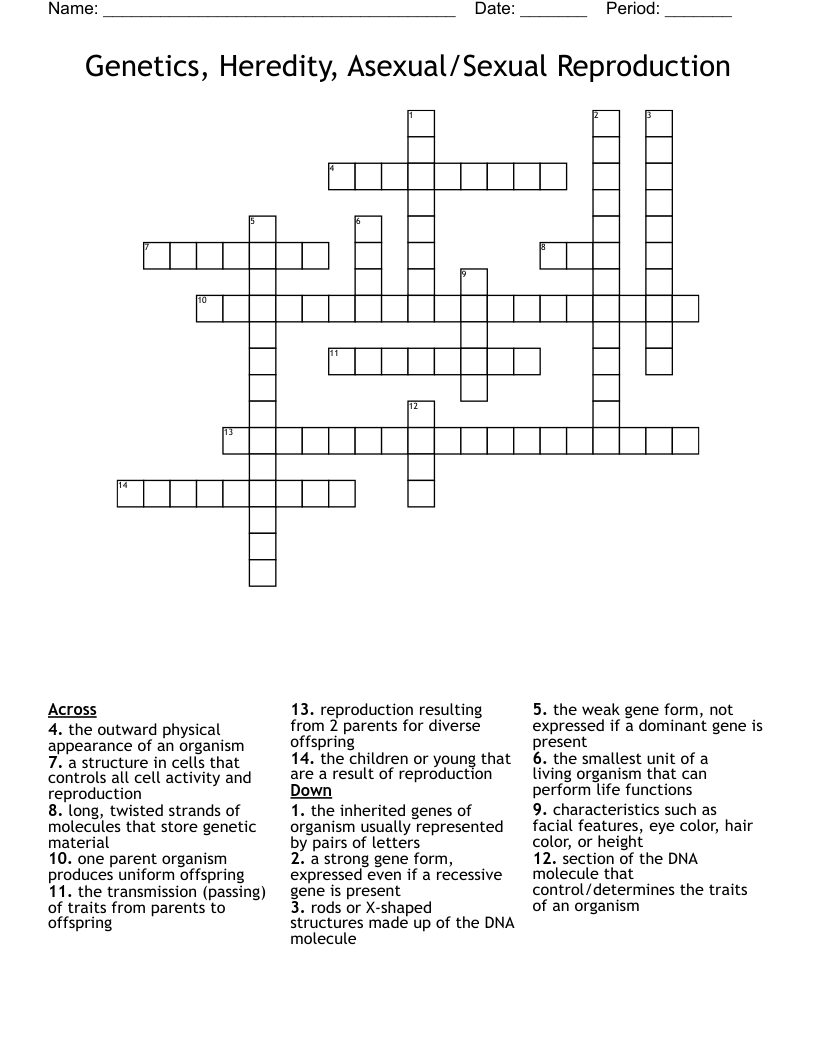Genetics, Heredity, Asexual/Sexual Reproduction Crossword