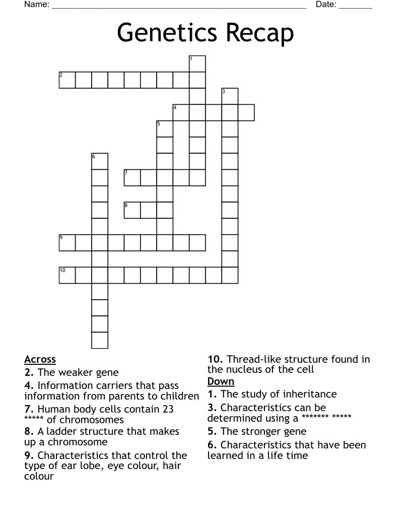 Genetics Recap Crossword