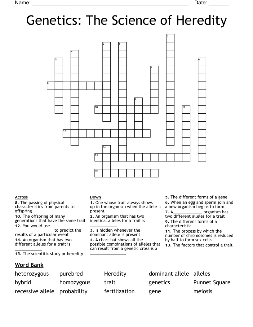 Genetics: The Science of Heredity Crossword