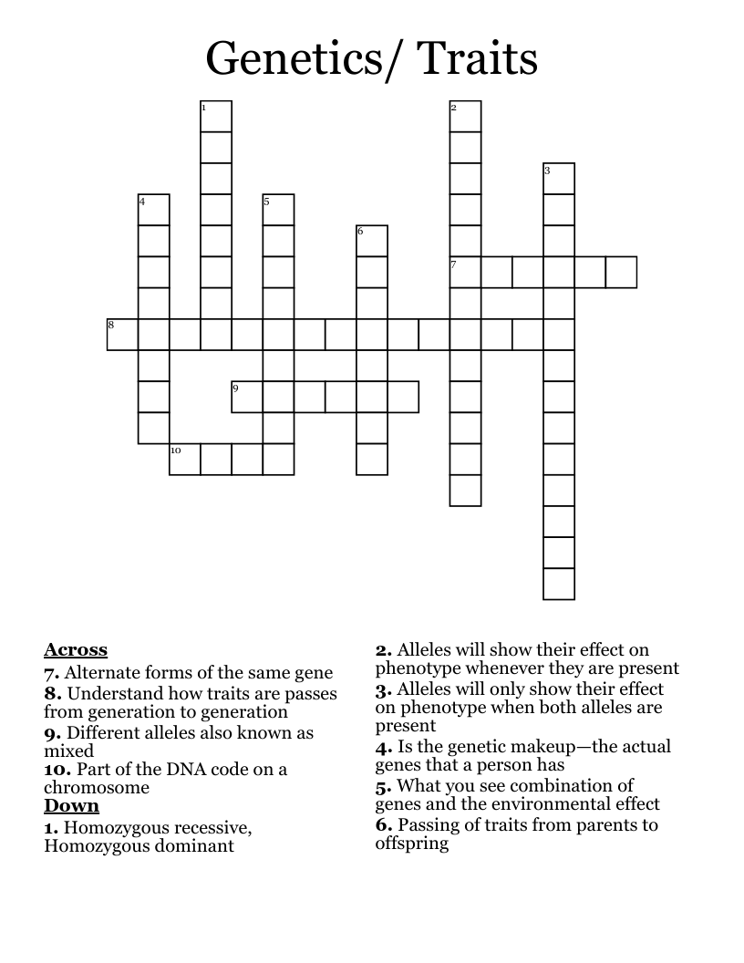 Genetics/ Traits Crossword