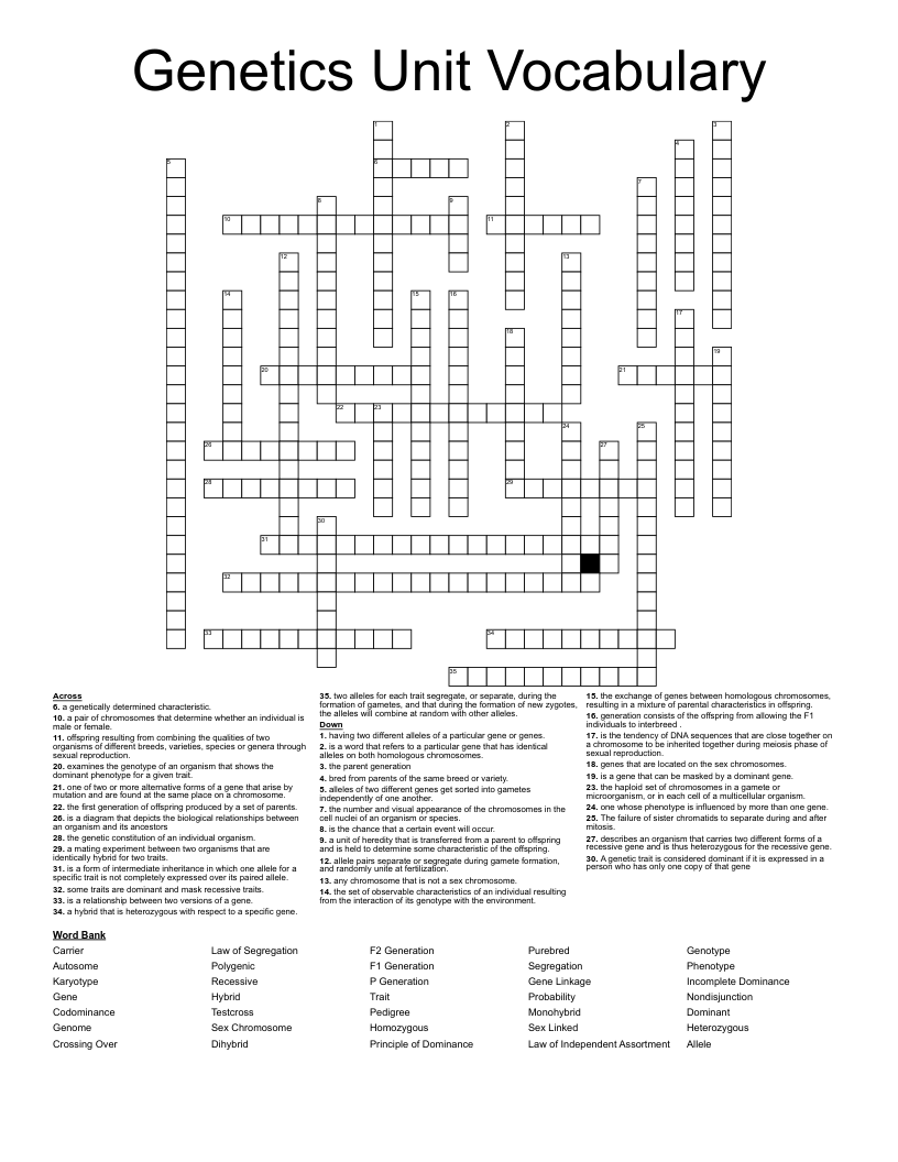 Genetics Unit Vocabulary Crossword