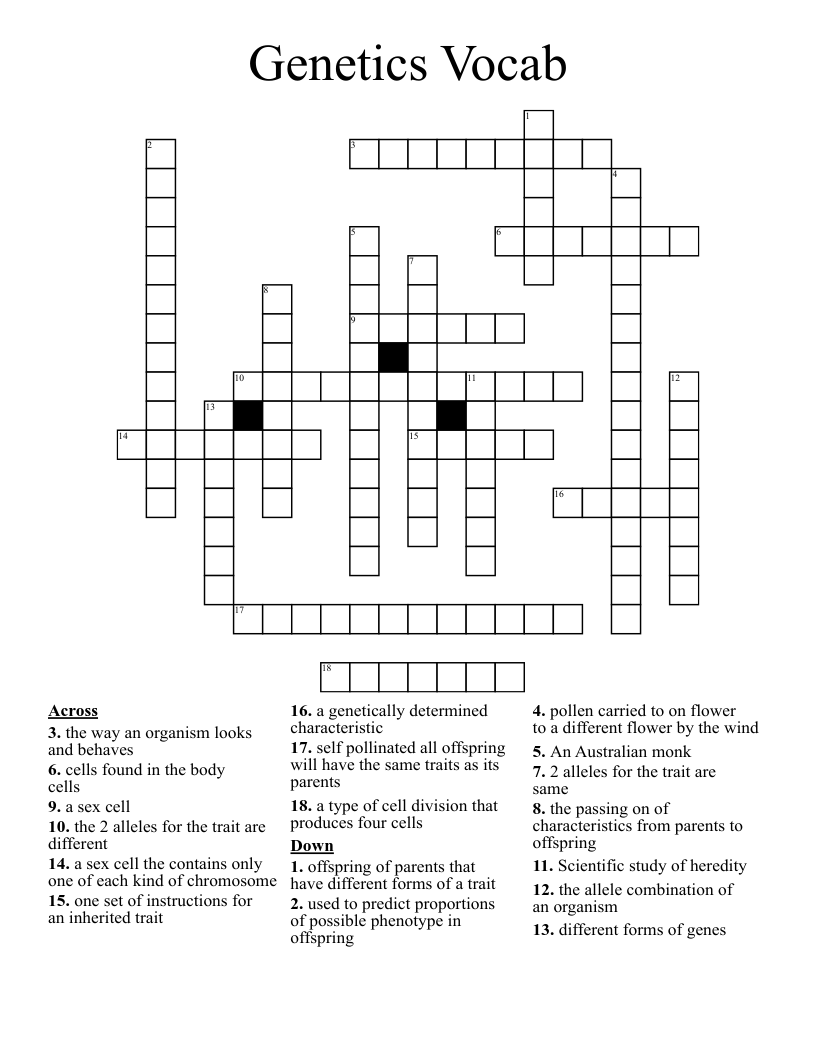 Genetics Vocab Crossword