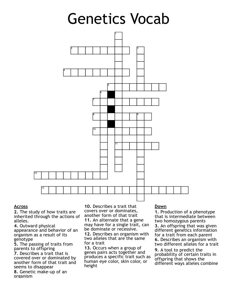Genetics Vocab Crossword