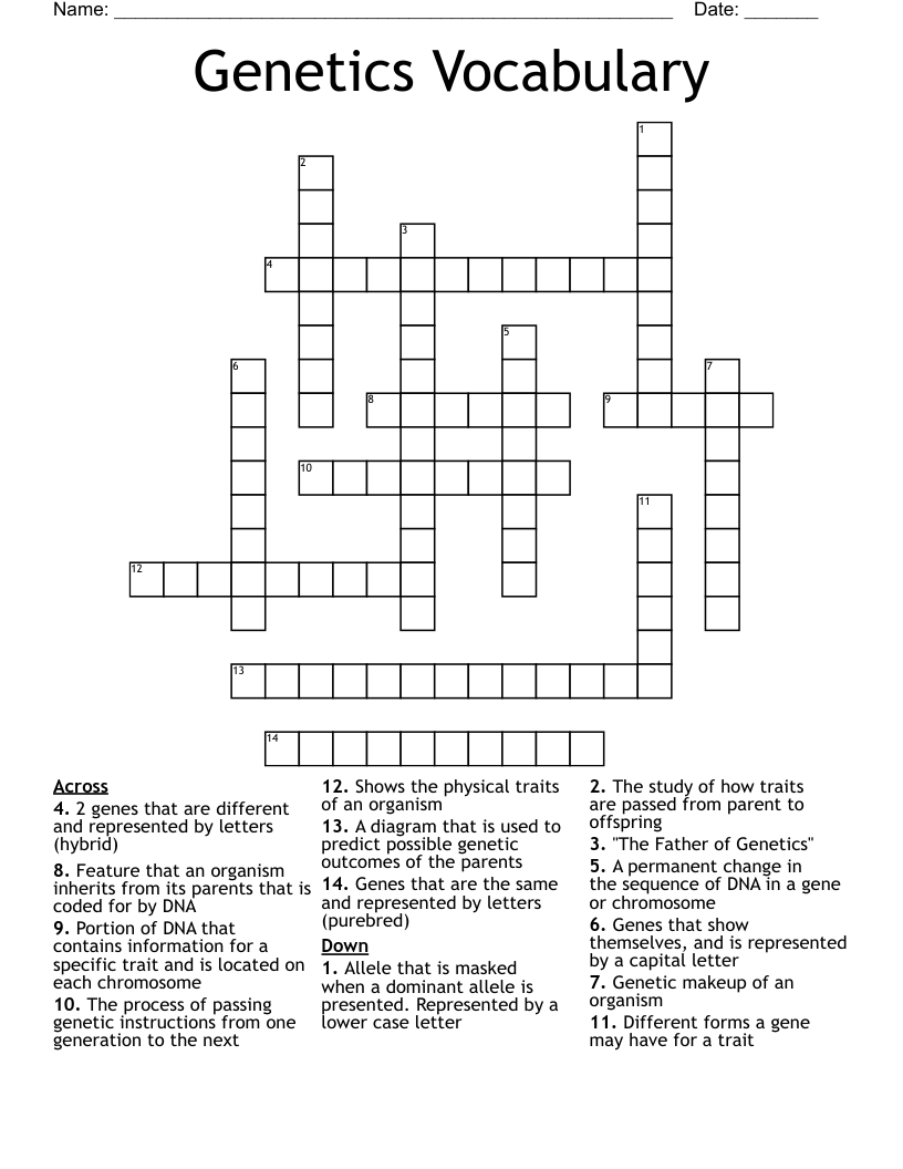 Genetics Vocabulary Crossword