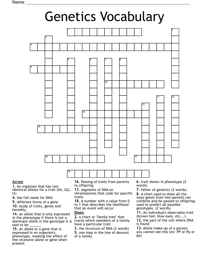 Genetics Vocabulary Crossword