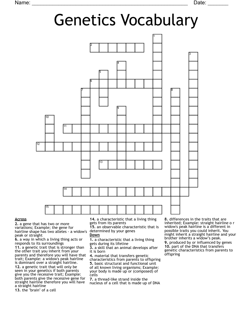 Genetics Vocabulary Crossword