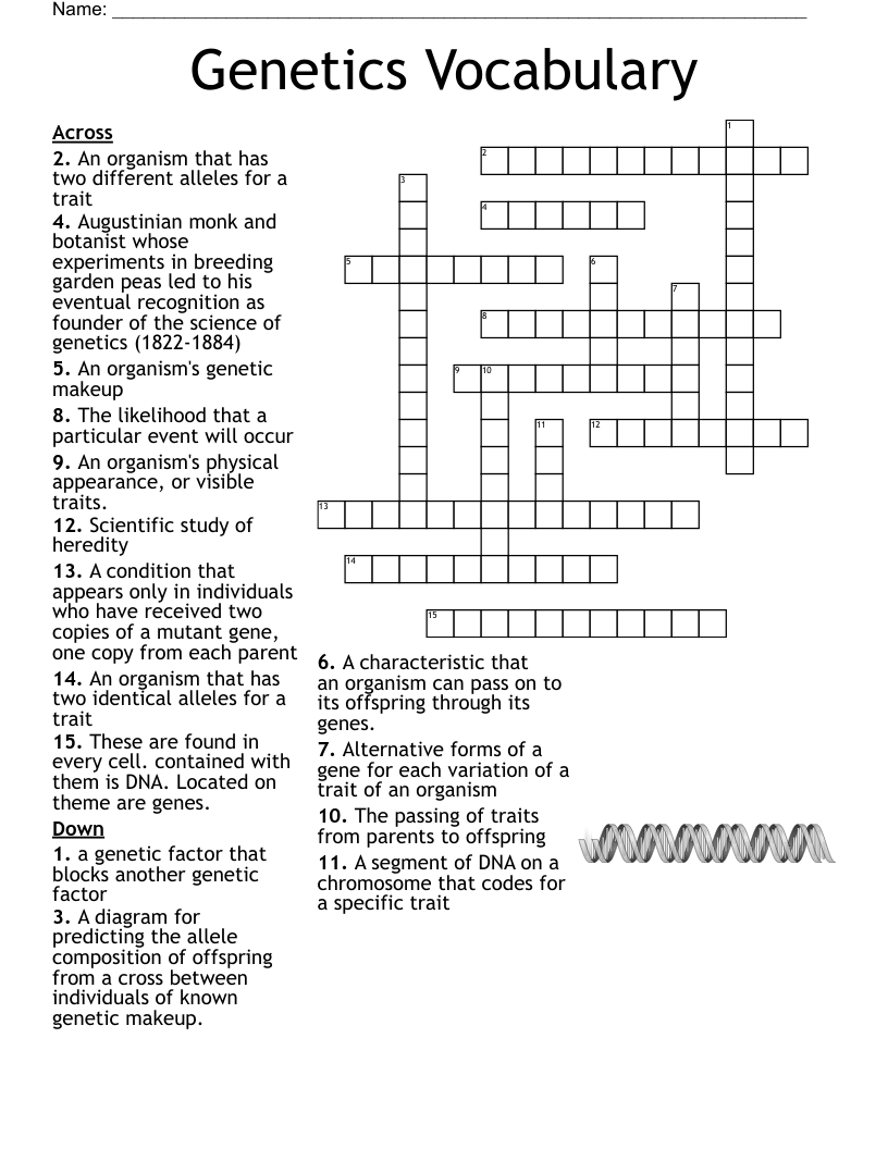 Genetics Vocabulary Crossword