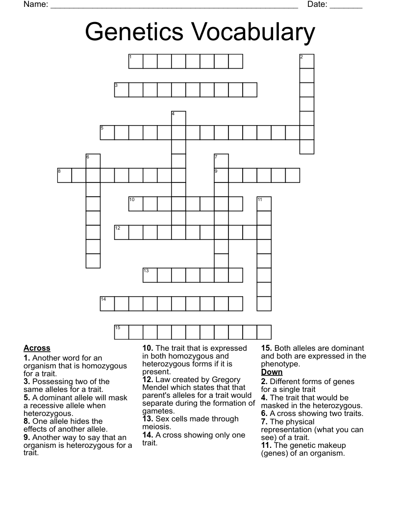 Genetics Vocabulary Crossword