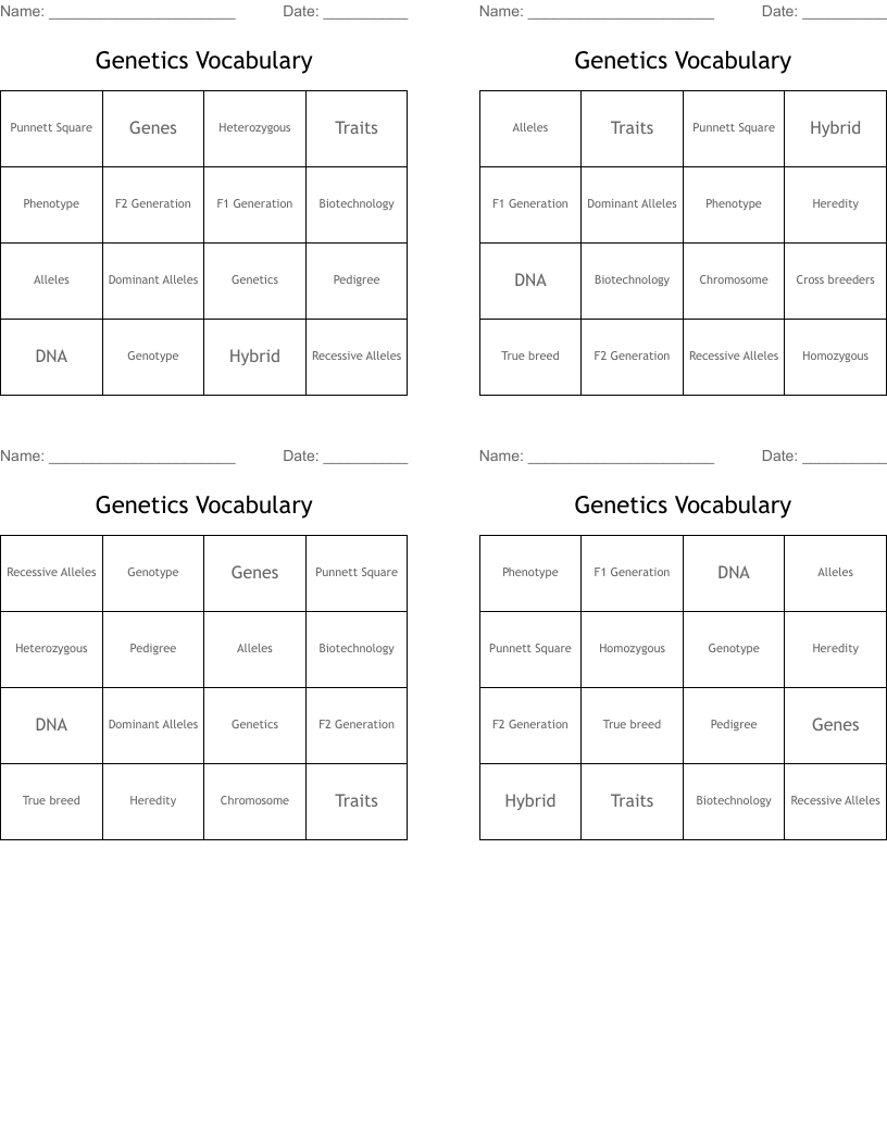 Genetics Vocabulary Bingo Cards