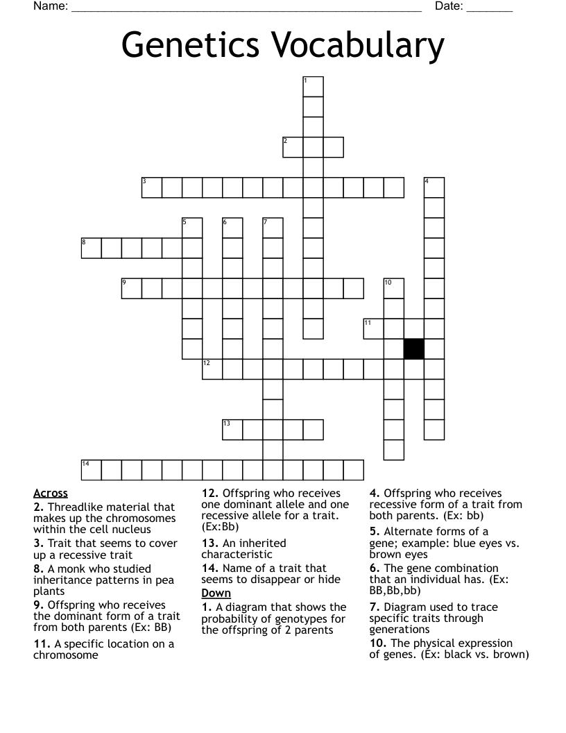 Genetics Vocabulary Crossword