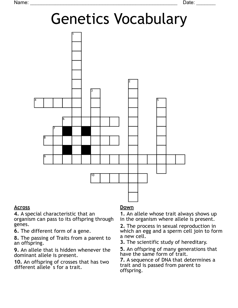 Genetics Vocabulary Crossword