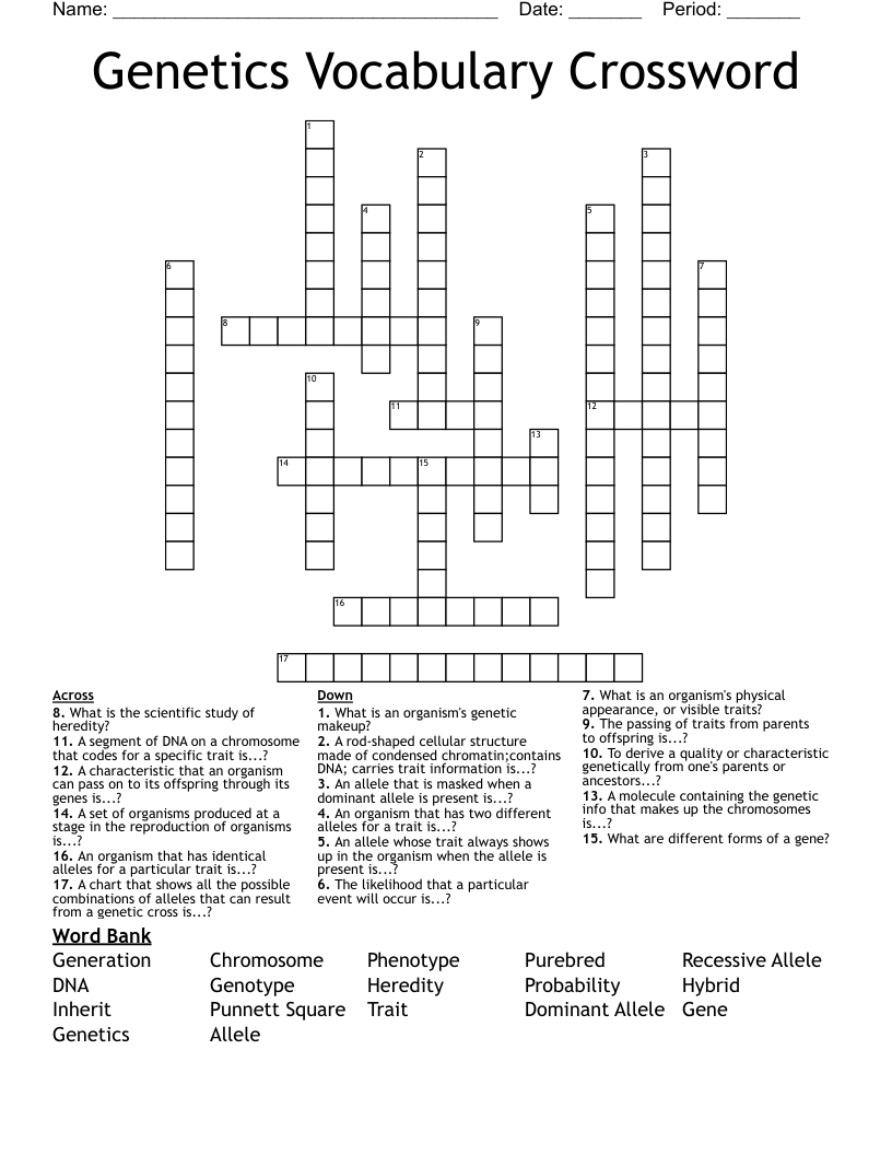 Genetics Vocabulary Crossword