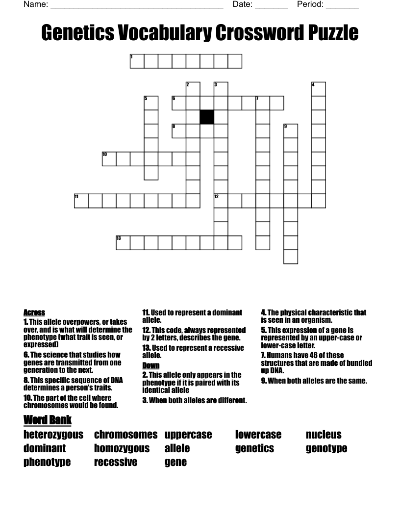 Genetics Vocabulary Crossword Puzzle