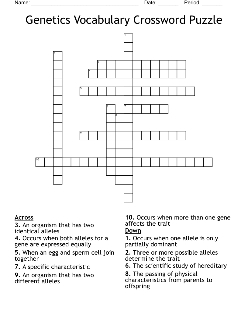 Genetics Vocabulary Crossword Puzzle