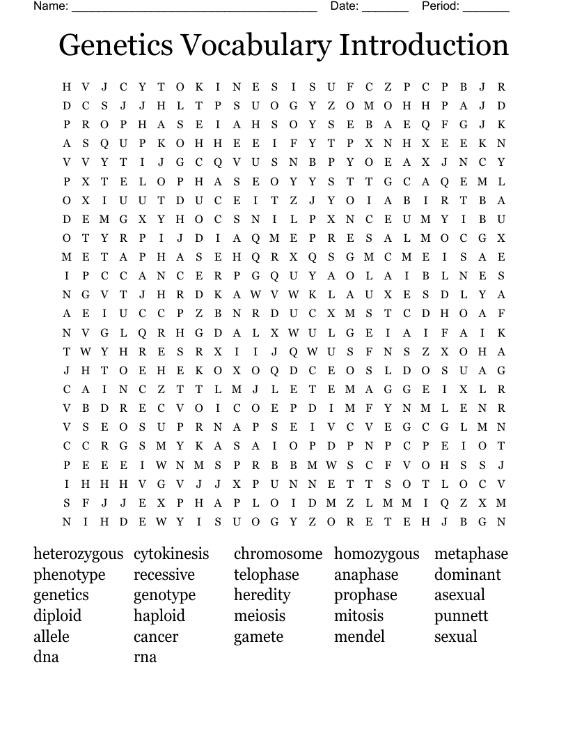 Genetics Vocabulary Introduction Word Search