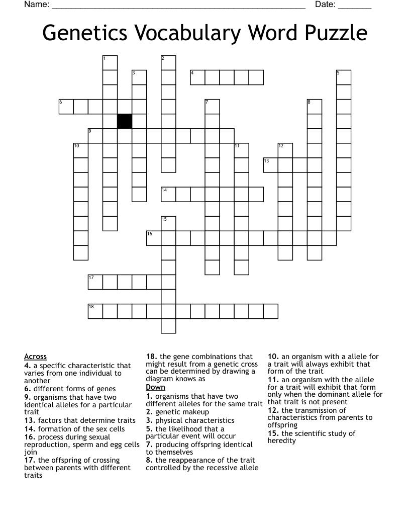 Genetics Vocabulary Word Puzzle Crossword