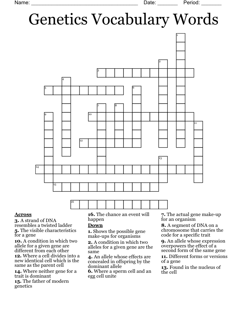 Genetics Vocabulary Words Crossword