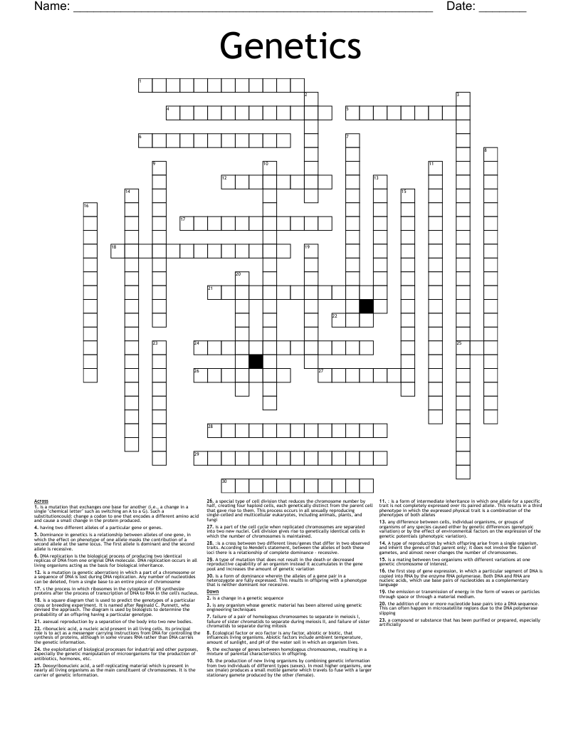Genetics  Crossword