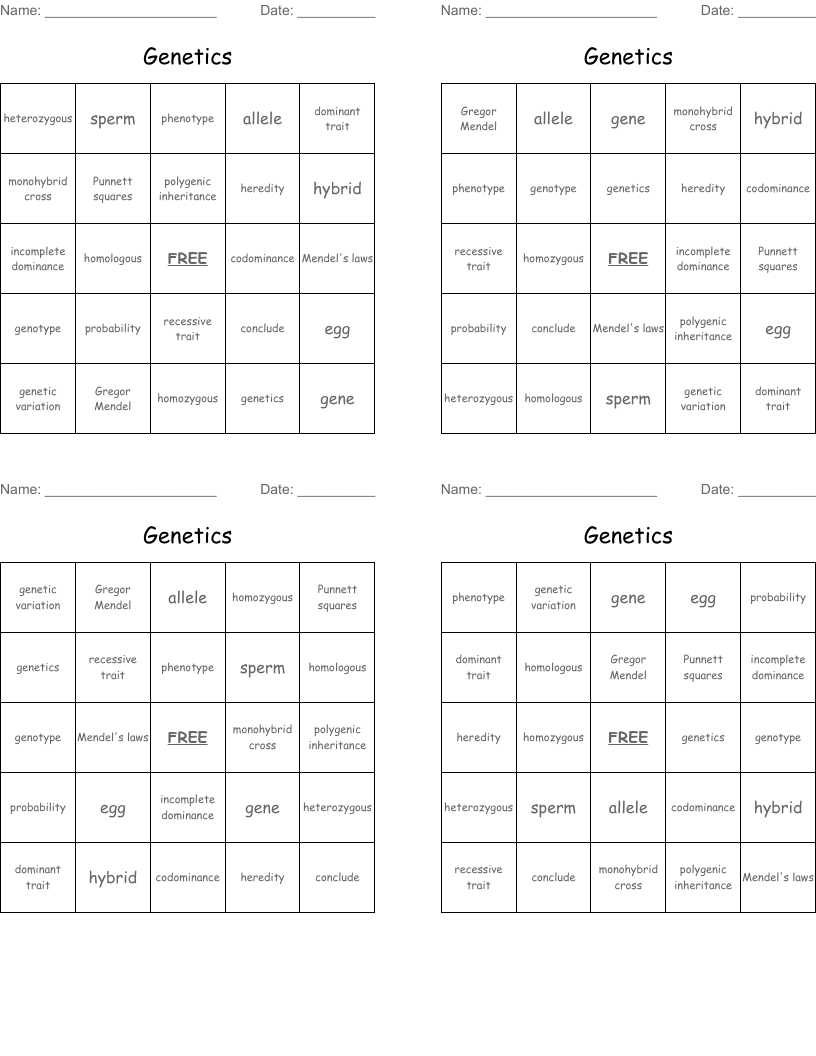Genetics  Bingo Cards
