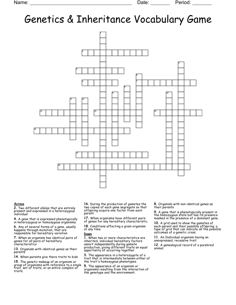 Genetics & Inheritance Vocabulary Game Crossword