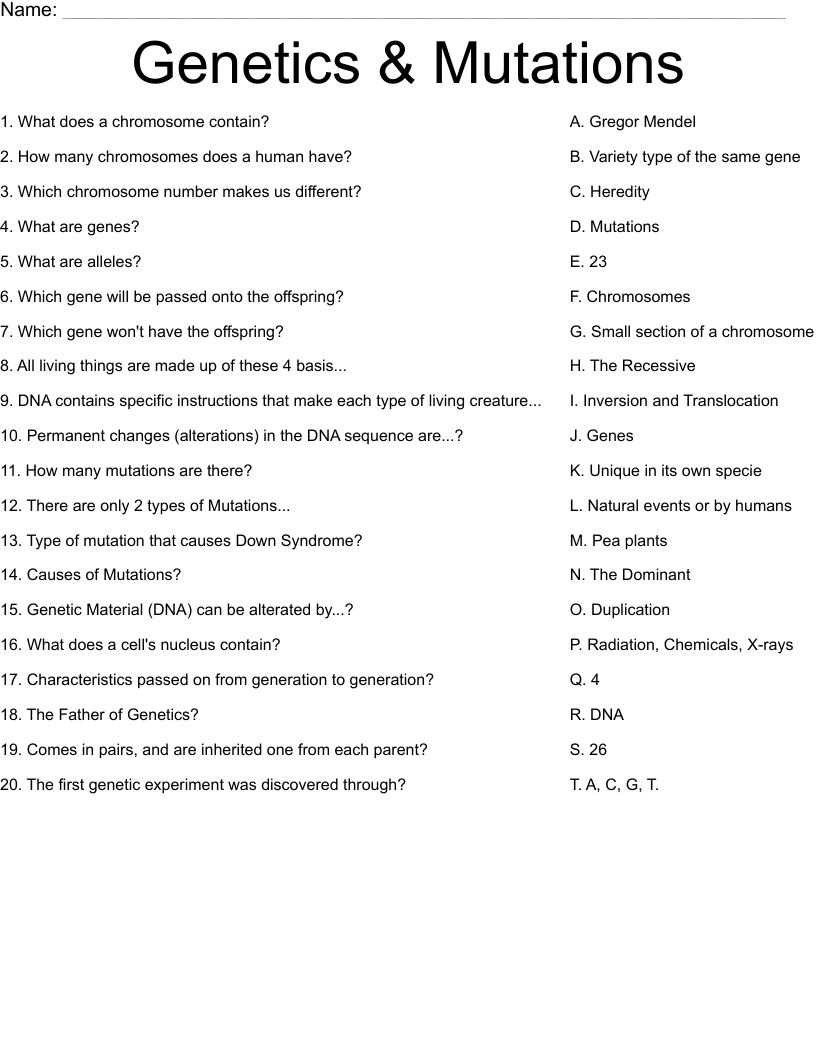Genetics & Mutations Worksheet
