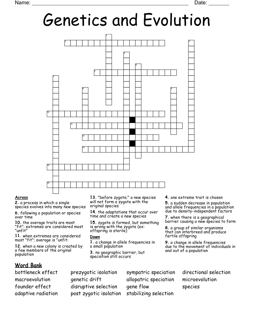 Genetics and Evolution Crossword