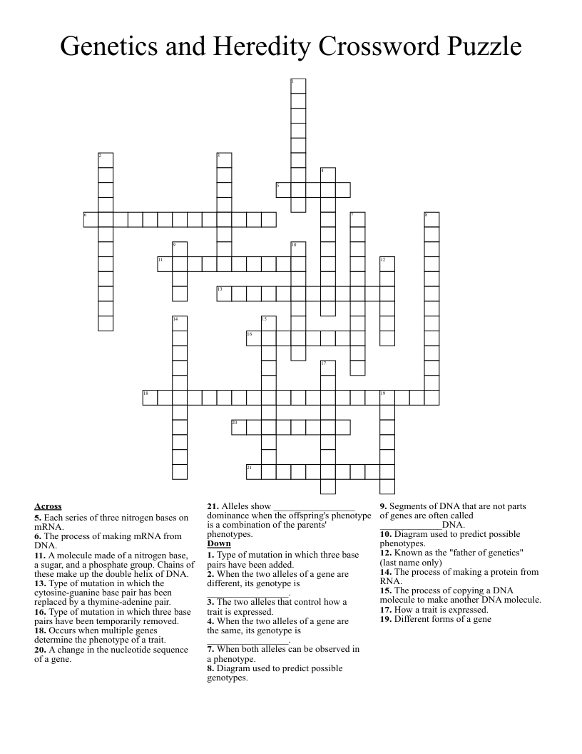 Genetics and Heredity Crossword Puzzle