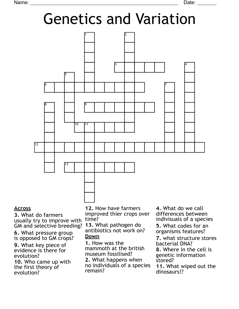 Genetics and Variation Crossword