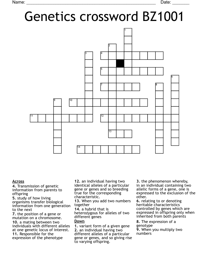 Genetics crossword BZ1001 