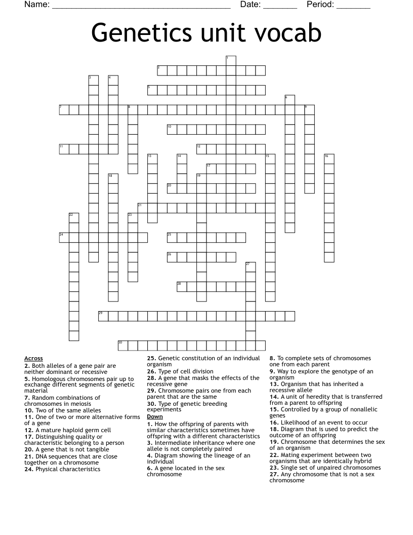 Genetics unit vocab Crossword