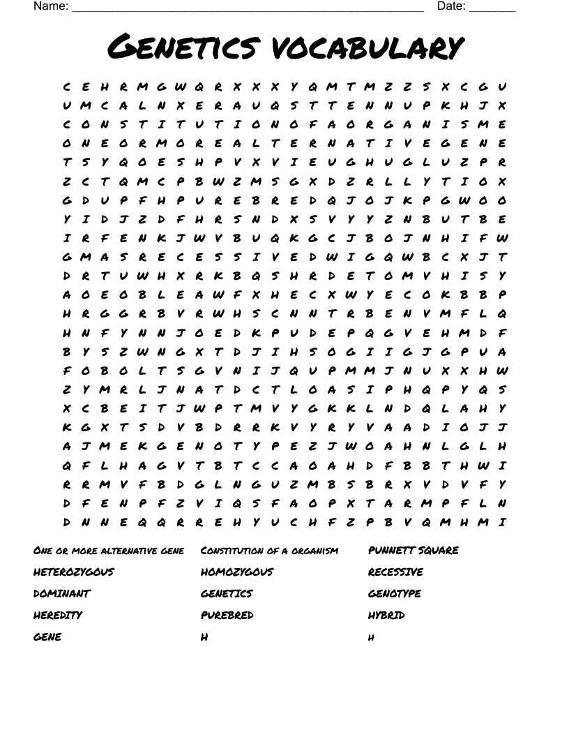 Genetics vocabulary Word Search