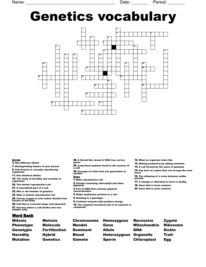 Genetics vocabulary Crossword