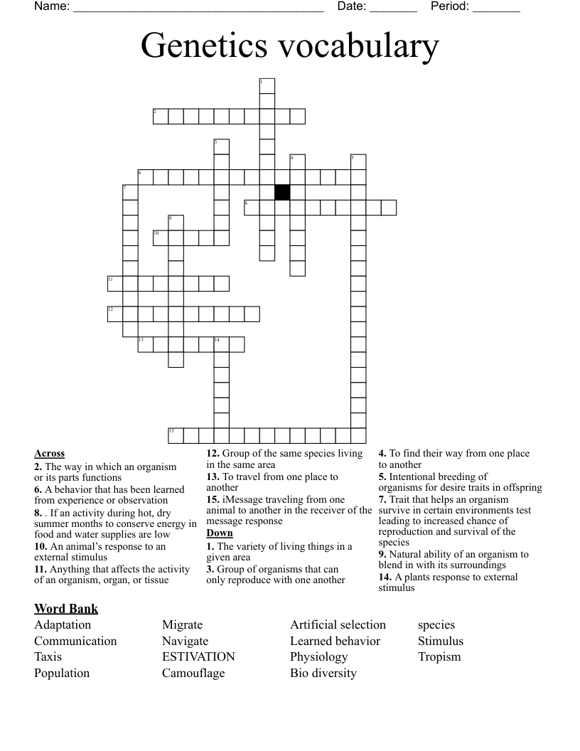 Genetics vocabulary  Crossword