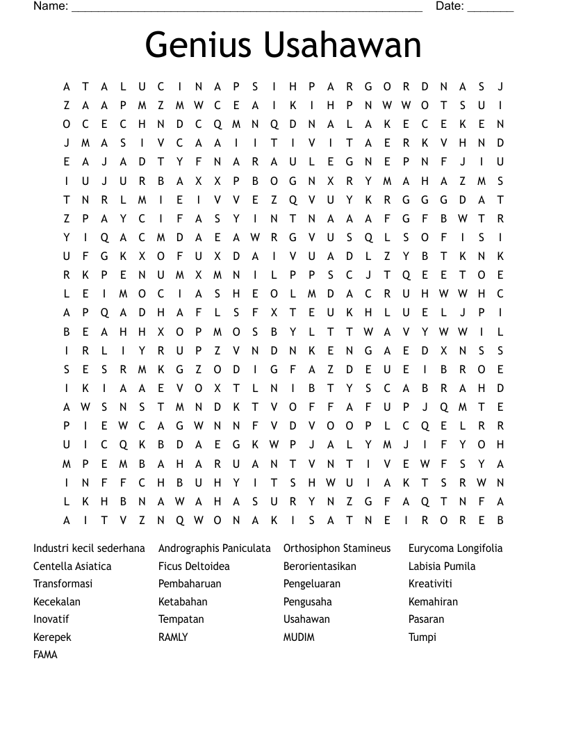 Genius Usahawan Word Search